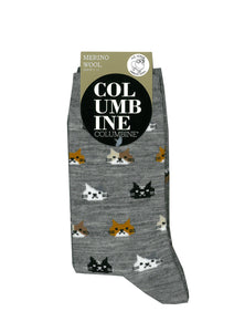 Merino Wool Socks – Sizes 4- 9 (Kitty Faces)(Black Grey Stripe)