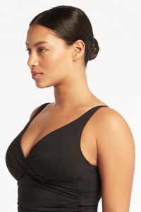 Sea Level Essentials Cross Front Multifit Tankini Top (Black)